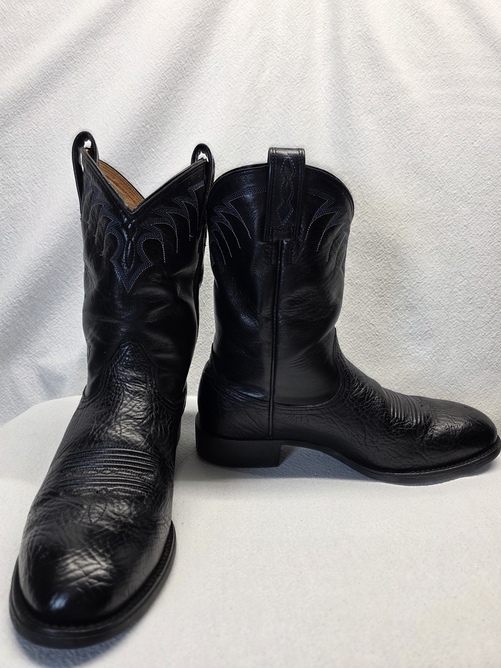 Ariat Men's Black Leather Western Roper Cowboy Boots Pull On Blue Embrodery 8.5D